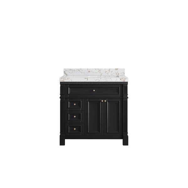 Willow Collections Paris 36 in. W x 22 in. D x 36 in. H Right Offset Sink Bath Vanity in Black with 2 in. Viola Gold qt. Top