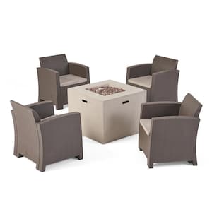 Houston 5-Piece Faux Wicker Outdoor Patio Fire Pit Set with Mixed Biege Cushions