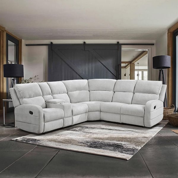 Liatris 112 in. 3-Piece Chenille Upholstery Manual Reclining Sectional Sofa with Left Console in. Light Gray