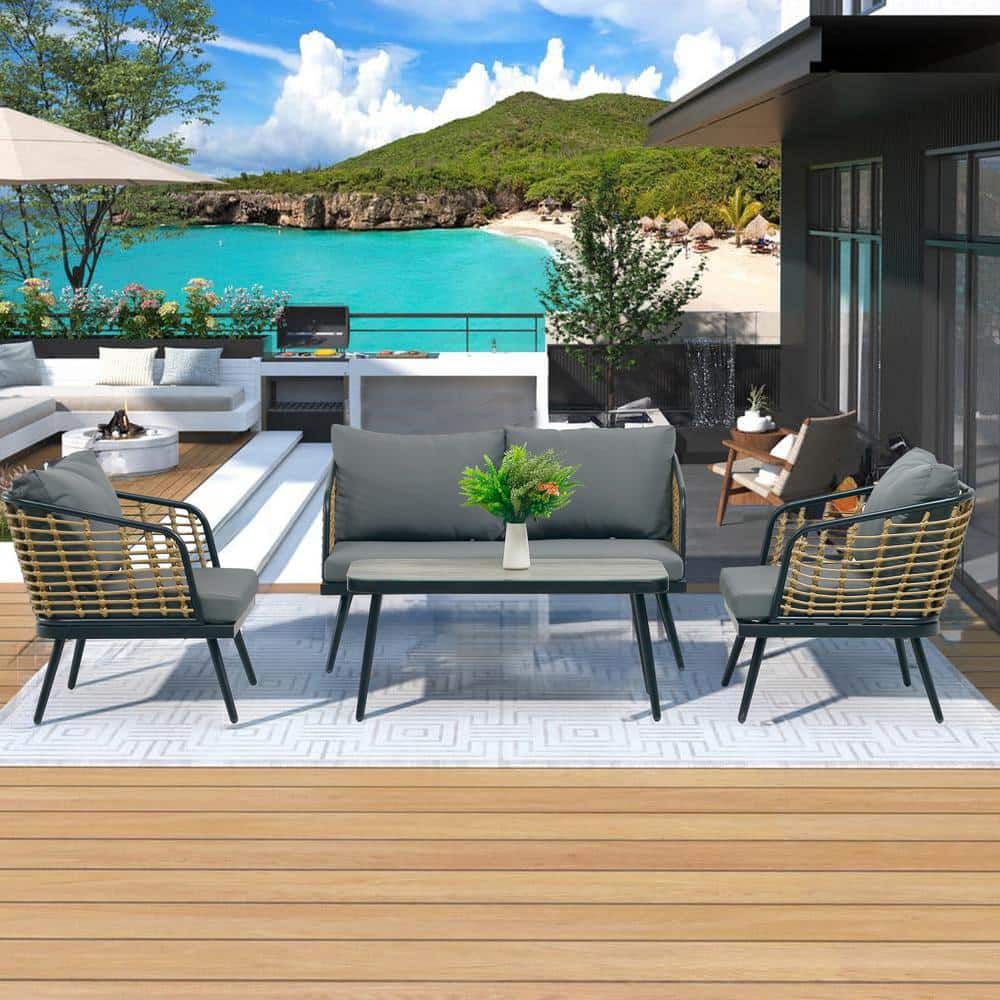 4-Piece PE Rattan Wicker Patio Conversation Set with Cushions in Grey and T