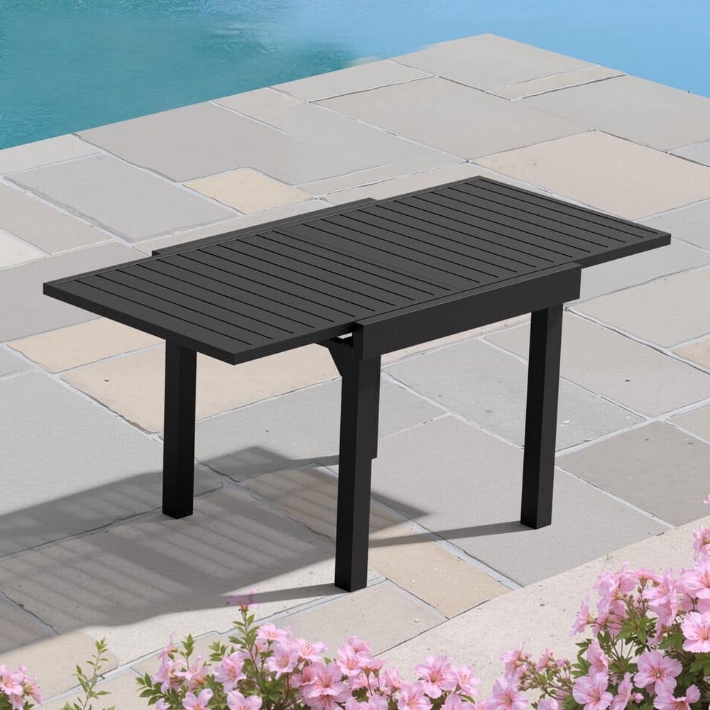 31.5 - 63 in. Aluminum Extendable Black Rectangular Outdoor Patio Dining Table Seats 4 - 6