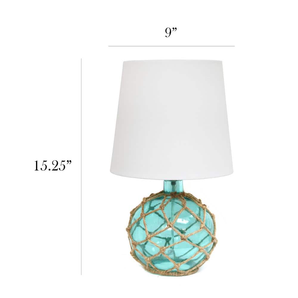 Aqua Glass Table Lamp with White Fabric Shade and Rope Netting