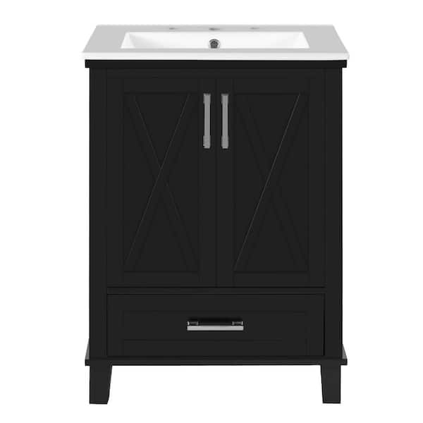 24 in. Freestanding Black Bath Vanity with White Ceramic Top Unassembled