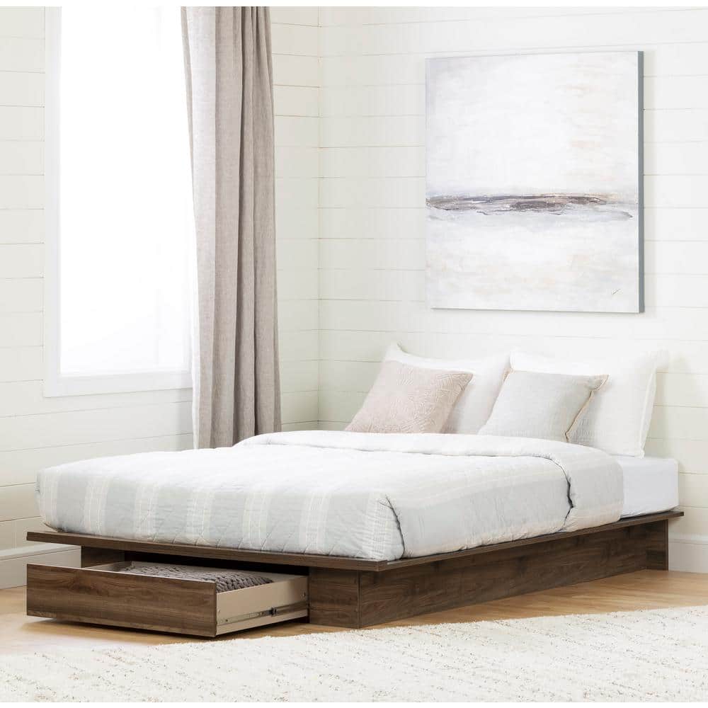 Natural Walnut Queen Platform Bed with Storage Drawer