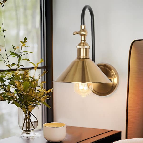 1-Light Brass Gold Modern Wall Sconce, Industrial Bathroom Light Fixture with Metal Bell Shape Shade