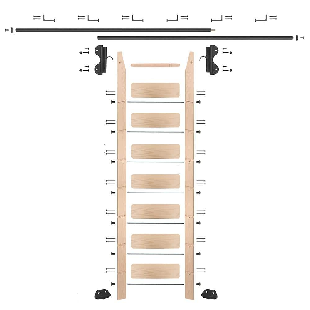 Quiet Glide 8.06 ft. Maple Library Ladder (9 ft. Reach) Black Hook Hardware 12 ft. Rail and Horizontal Brackets