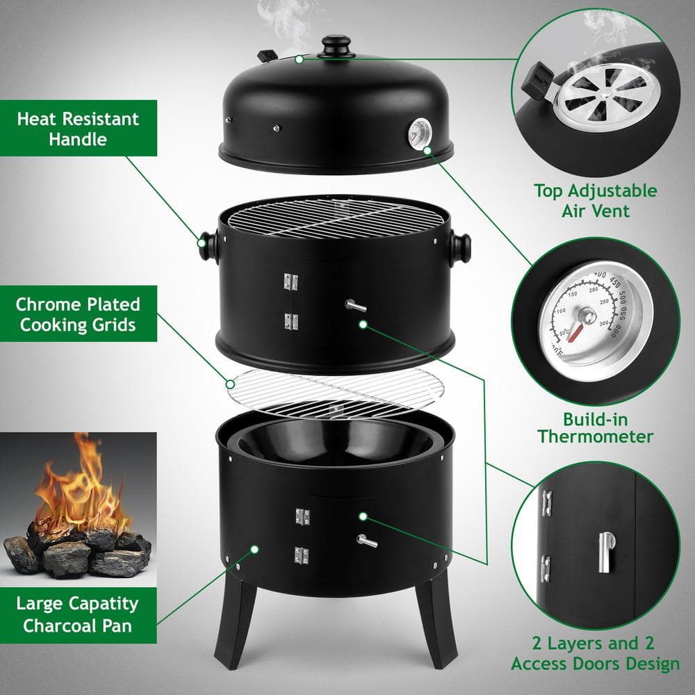 Black Vertical Charcoal Smoker Grill with Thermometer