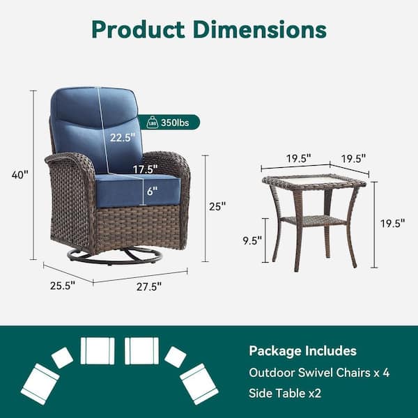 Moonridge 6-Piece Brown Wicker Patio Conversation Set with 6 in. Olefin Blue Cushions/Patio Swivel Chairs with Table