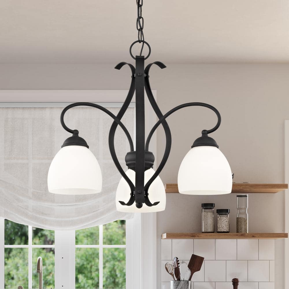 Black 3-Light Convertible Hanging Lantern with Hand Blown Satin White Glass