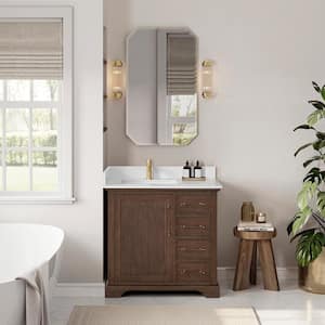 Tokyo 36 in. W. x 22 in. D x 33.9 in. H Single Bath Vanity in Aged Dark Brown Oak with Silk White Quartz Stone Top