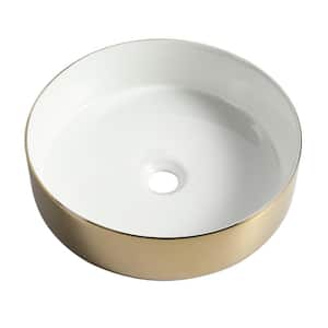 15.7 In Drop in/Undermount Single Bowl Bathroom Sink with Bottom Grids Ceramic Circular Vessel Art Sink in Golden White