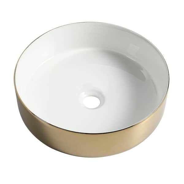 Unbranded 15.7 In Drop in/Undermount Single Bowl Bathroom Sink with Bottom Grids Ceramic Circular Vessel Art Sink in Golden White
