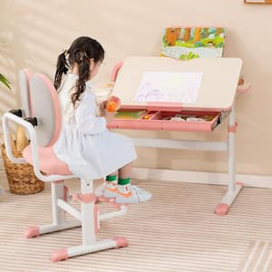 Pink Height-Adjustable Kids Desk Chair with Double Back Support & Rotatable Footrests