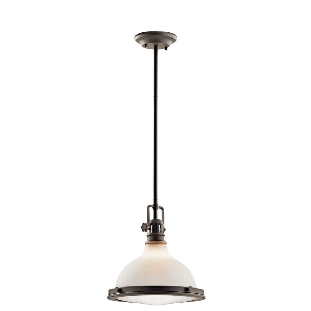 Hatteras Bay 11 in. 1-Light Olde Bronze Vintage Industrial Shaded Kitchen Pendant Hanging Light with Etched Glass -  KICHLER, 43765OZ