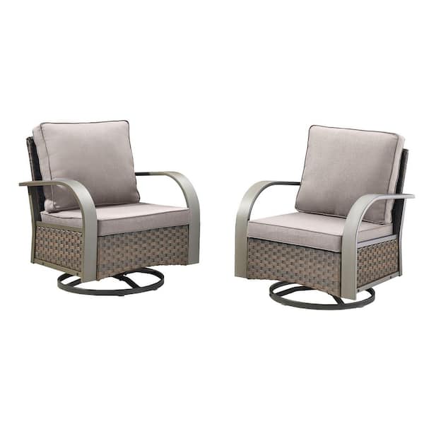 Terraze Brown 2-Piece Wicker Outdoor Rocking Chair Patio Swivel Glider with Olefin Gray Cushions for Backyard, Porch