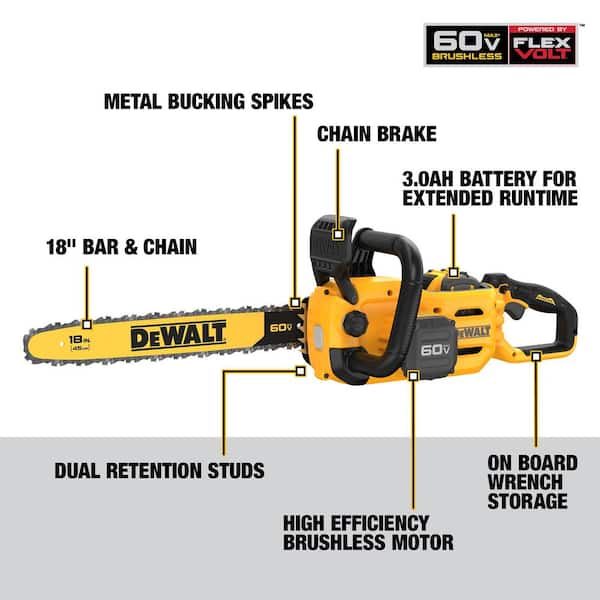 DEWALT DCCS672X1 60V MAX 18in. Brushless Battery Powered Chainsaw Kit with (1) FLEXVOLT 3Ah Battery & Charger - 3