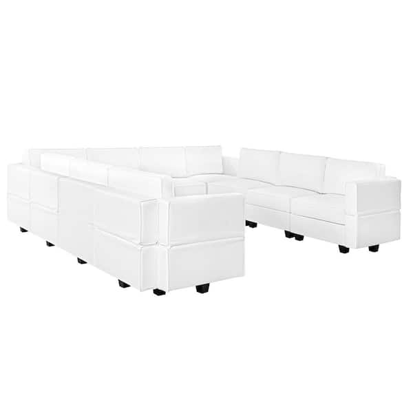 HOMESTOCK 164.38 in. W Faux Leather 10-Seater Living Room Modular Sectional Sofa for Streamlined Comfort in White