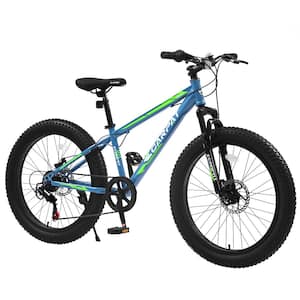 Blue/Green 24 Inch Fat Tire Mountain City Bike with High-Carbon Steel Frame, Full Shimano 7 Speeds, Dual Disc Brake