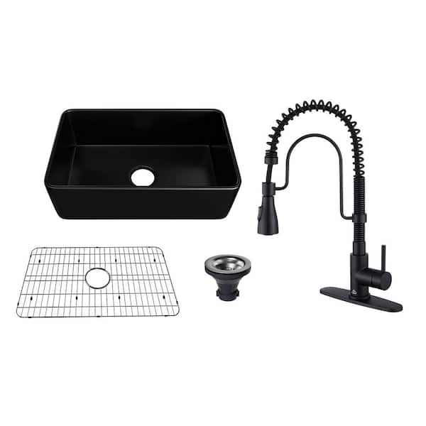 All-in-One 30 in. Farmhouse/Apron-Front Single Bowl Fireclay Kitchen Sink with Kitchen Faucet, Grid, and Basket Strainer