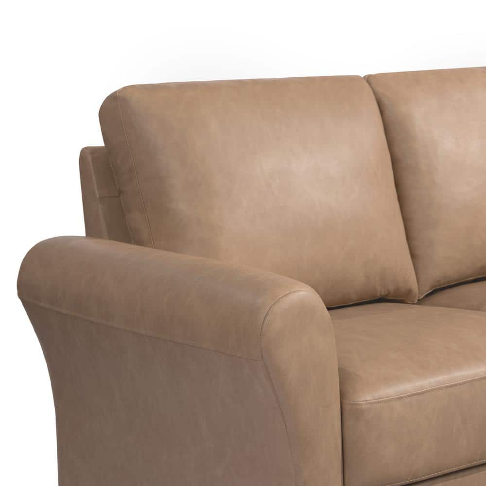 Brown Faux Leather Sofa with Rolled Arms and Wood Legs