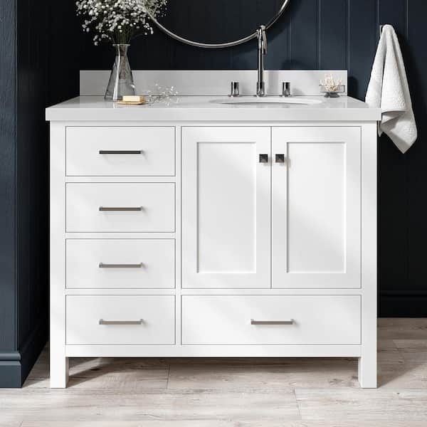 ARIEL Cambridge 43 in. W x 22 in. D x 36 in. H Vanity in White with Pure White Quartz Top