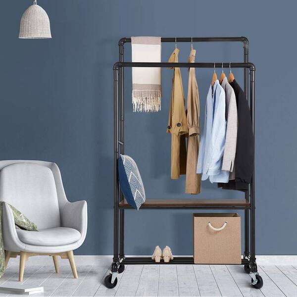 Black Steel Garment Clothes Rack Double Rods 31.5 in. W x 62.6 in. H