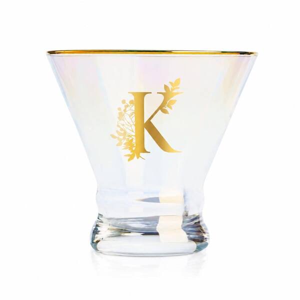 Iridescent Stemless Martini Glass with Initial K Monogram 8 oz Personalized Cocktail Gift for Women, Pink
