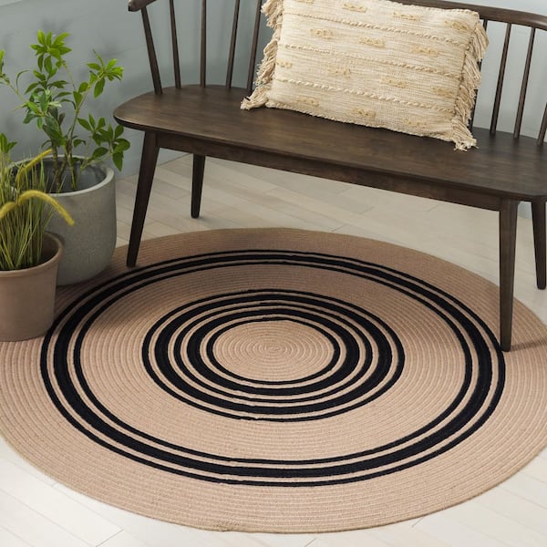 Braided 5 ft. x 5 ft. Natural/Black Solid Striped Round Area Rug