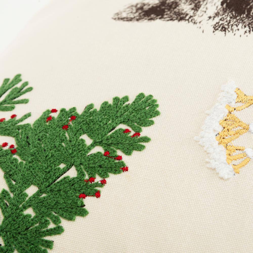 Ivory and Multicolor Embroidered Cotton Holiday Pillow with Raccoon Design