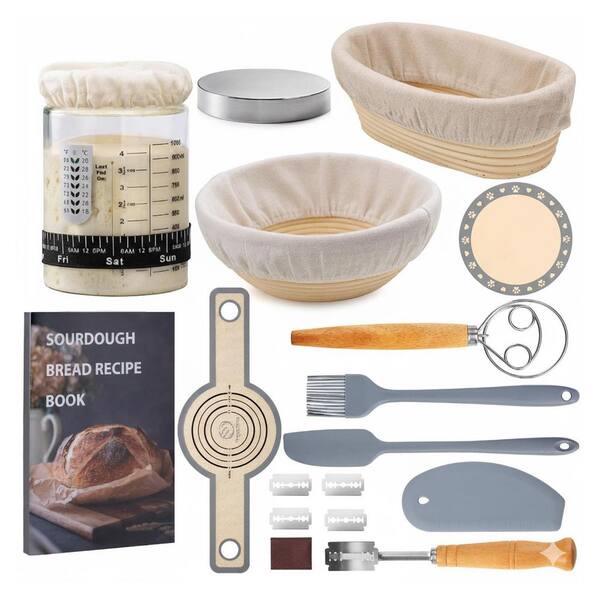 Sourdough Starter Kit, 9 in. Round, 10 in. Oval Rattan Baskets, 40 oz. Starter Jar, Bread Lame, Scraper, Silic1 Sling