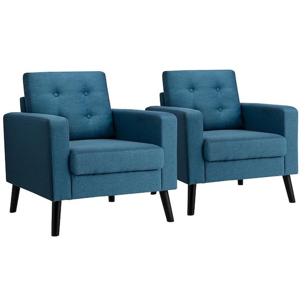 Costway 29 in. Blue Tu ft.ed Linen Seats Tuxedo Armchair Sofa with Removable Cushion (Set of 2)