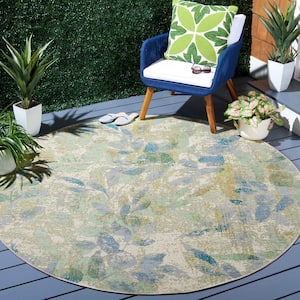 Barbados Blue/Ivory 7 ft. x 7 ft. Round Abstract Leaf Indoor/Outdoor Area Rug