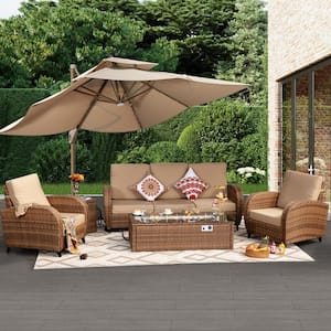 Retro Brown 6-Piece Wicker Patio Fire Pit Deep Seating Set with Brown Cushions and Firepit Table and Coffee Table