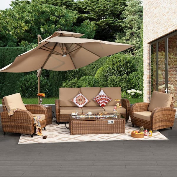 NICESOUL Retro Brown 6-Piece Wicker Patio Fire Pit Deep Seating Set with Brown Cushions and Firepit Table and Coffee Table