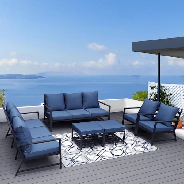 FINCATI Luxury 10 Person Deep Seating Black Aluminum Patio Coversation Sofa Set with Blue Cushions