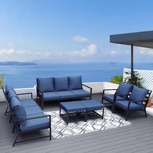 Luxury 10 Person Deep Seating Black Aluminum Patio Coversation Sofa Set with Blue Cushions