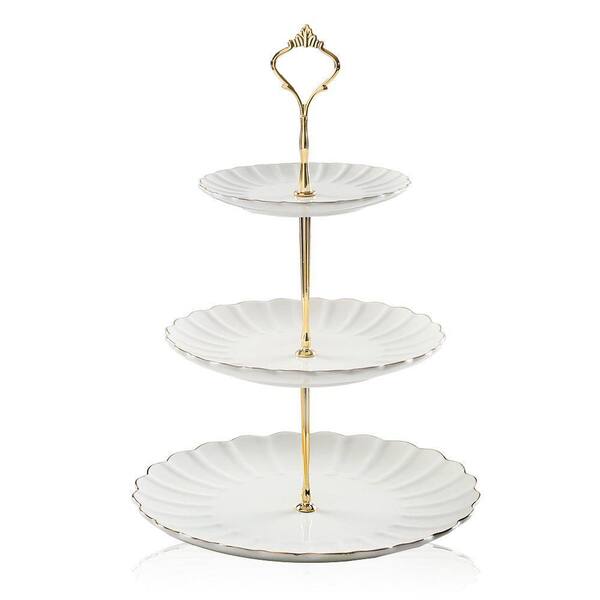 3 Tier White Ceramic Cake Stand with Pumpkin Style Design and Gold Trim for Dessert Serving