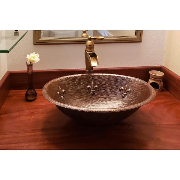 Premier Copper Products Self-Rimming Oval Fleur-De-Lis Hammered Copper Bathroom Sink in Oil Rubbed Bronze