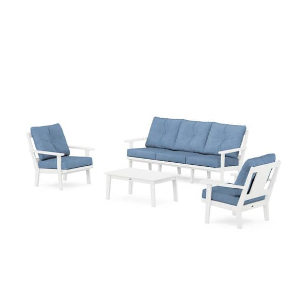 Prairie 4-Pcs Plastic Patio Conversation Set with Sofa in White/Sky Blue Cushions