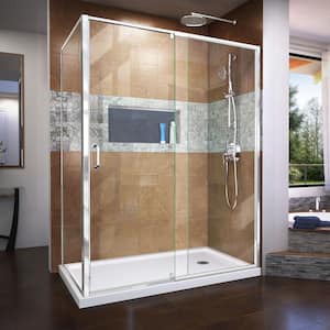 Flex 60 in. W x 36 in. D x 74.75 in. Framed Pivot Shower Enclosure in Chrome with Right Drain White Acrylic Base Kit
