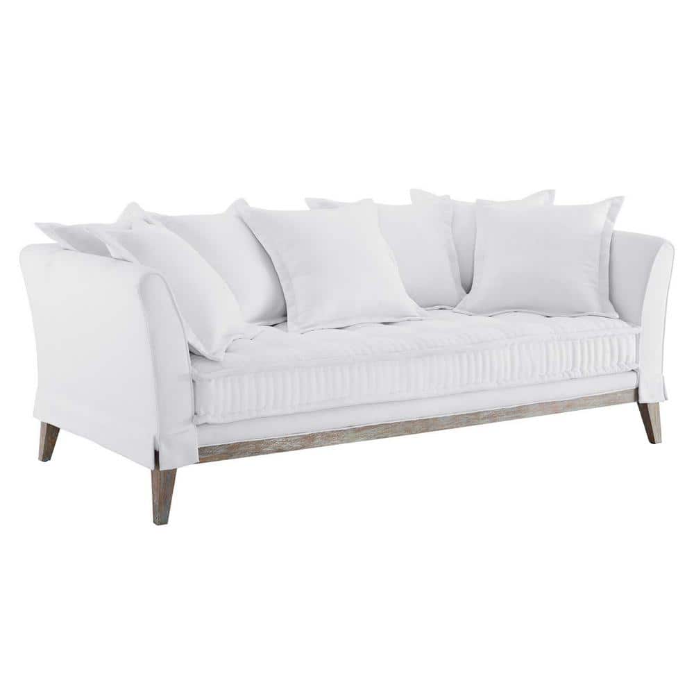 Rowan 84 in. White Fabric Sofa with Rustic Wood Frame