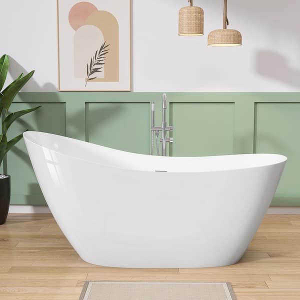 Freestanding Acrylic Soaking Bathtub 65 in. x 29.5 in. White Free Standing Single Slipper Flatbottom Center Drain