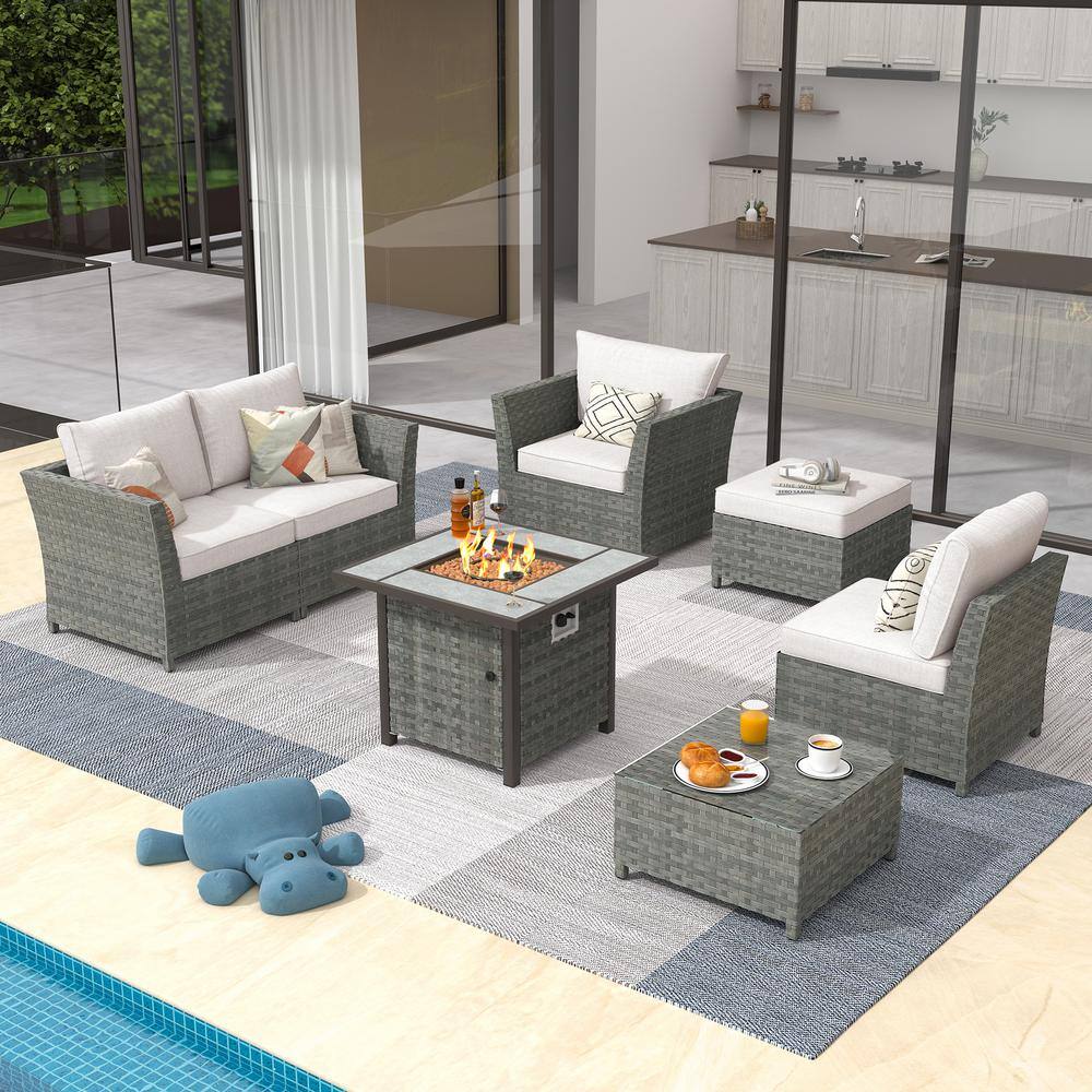 Fontainebleau Gray 7-Piece Wicker Outerdoor Patio Fire Pit Set with Beige Cushions price history on PriceWatchPro