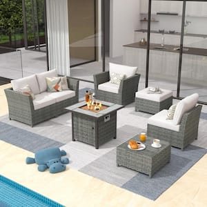Fontainebleau Gray 7-Piece Wicker Outerdoor Patio Fire Pit Set with Beige Cushions