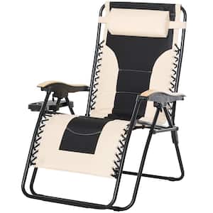 Black Zero Gravity Metal Outdoor Lounge Chair Recliner with White/Brown Sling Cushions and a Folding Design