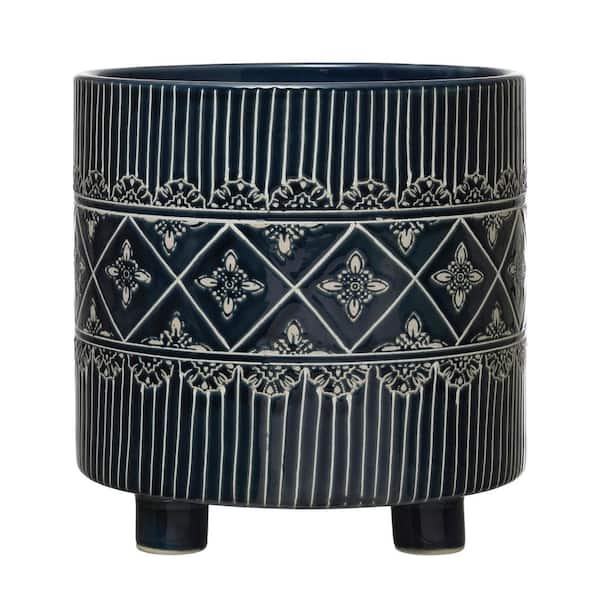 Storied Home 10.25 in. W x 10.62 in. H Blue and White Debossed Stoneware Footed Decorative Pot