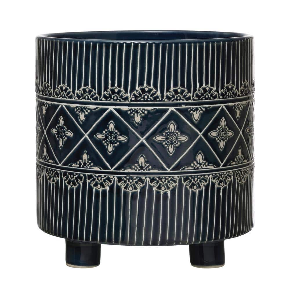 Storied Home 10.25 in. W x 10.62 in. H Blue and White Debossed Stoneware Footed Decorative Pot