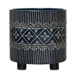 10.25 in. W x 10.62 in. H Blue & White Debossed Stoneware Footed Decorative Pot