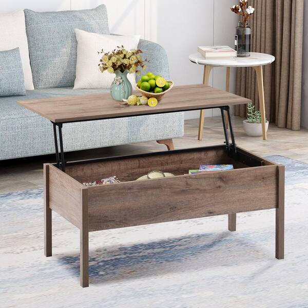 GODEER 40.90 in. Oak Rectangle Particle Board Coffee Table with Hidden Compartment and Storage Shelf