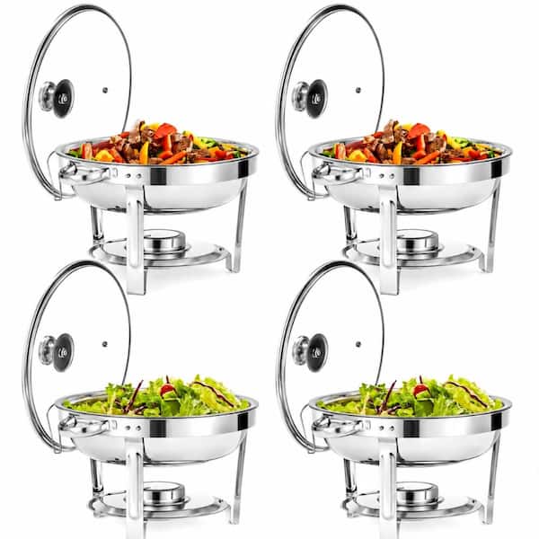 4 Pack 5 qt Round Silver Stainless Steel Chafing Dish Set with Glass Lid and Lid Holder Chafing Dishes